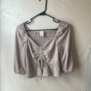 Tan Puff Sleeve Blouse with Ruched Tie Front small